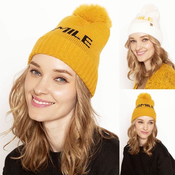 NEW Cute Smile Logo Graphic Faux Fur Pom Pom Cozy  Knit Beanie Hat Ivory Mustard - Picture 1 of 7